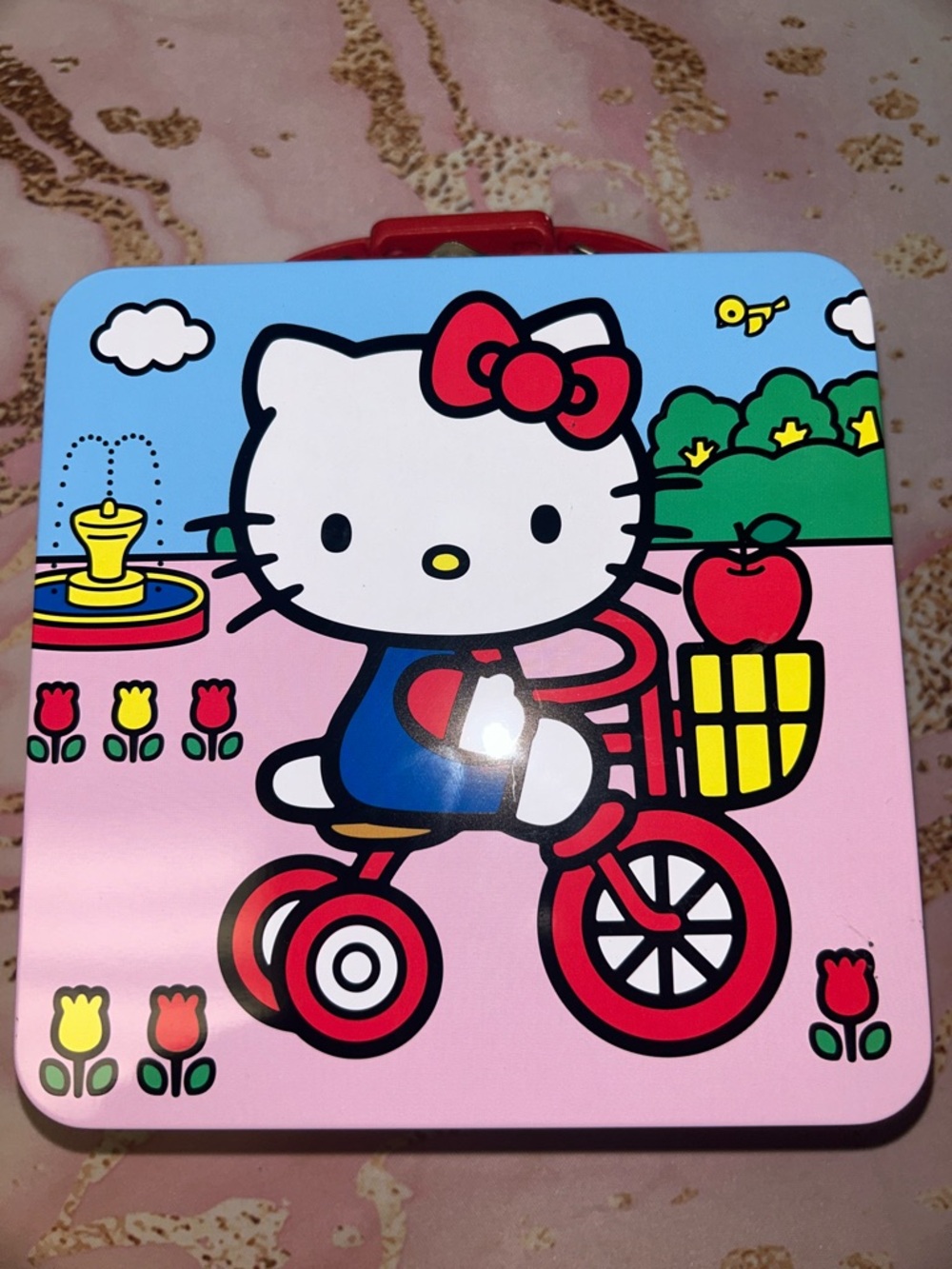 Hello Kitty Pink Tin Lunchbox with Red Bow & Multicolor Art - NEW